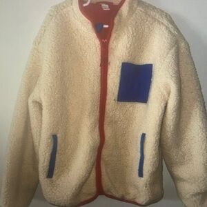 Cream Sherpa Zip Jacket with Blue Pocket & Red Trim